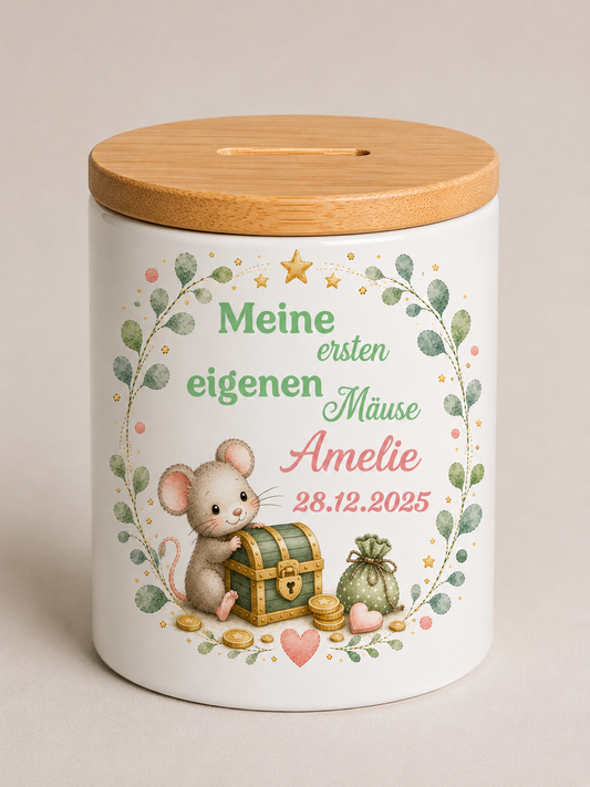 Personalisierte Spardose „Meine ersten eigenen Mäuse“ 🐭✨